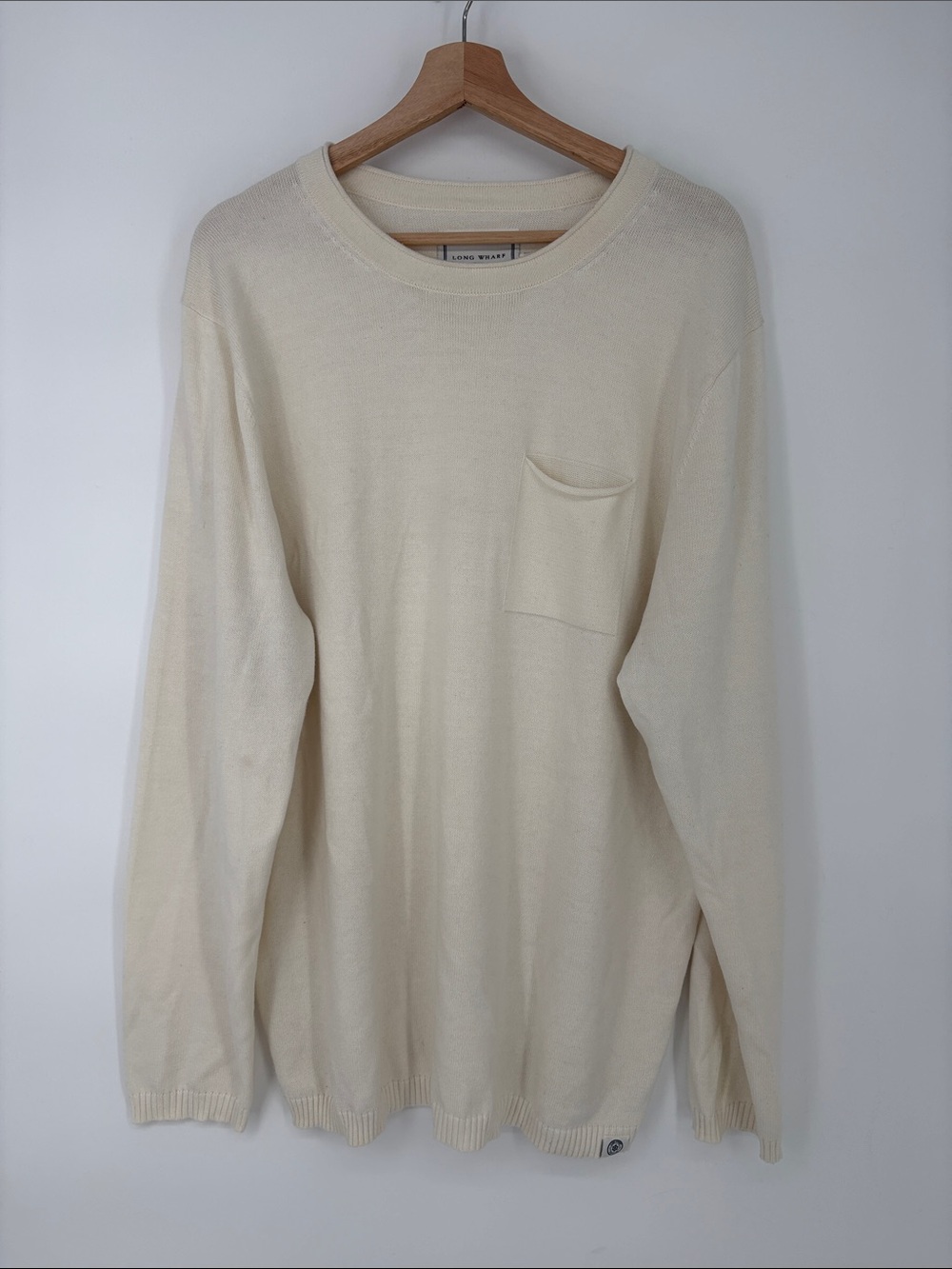 🐄 Long Wharf Supply Co. cotton Cream Crewneck Pocket Sweater —Soft Everyday Knit